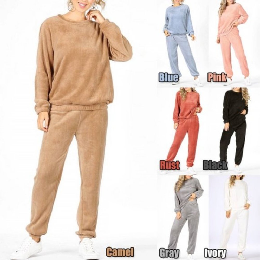 NEW Super Soft Cozy Teddy Fuzzy Fleece Lounge Wear Sweatshirt Jogger Pant Set - Picture 8 of 8